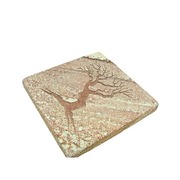 Set Of 4 Ornate Sandstone Tile Cork Back Coasters Wildlife Wooden Stand Pottery - Picture 6 of 8
